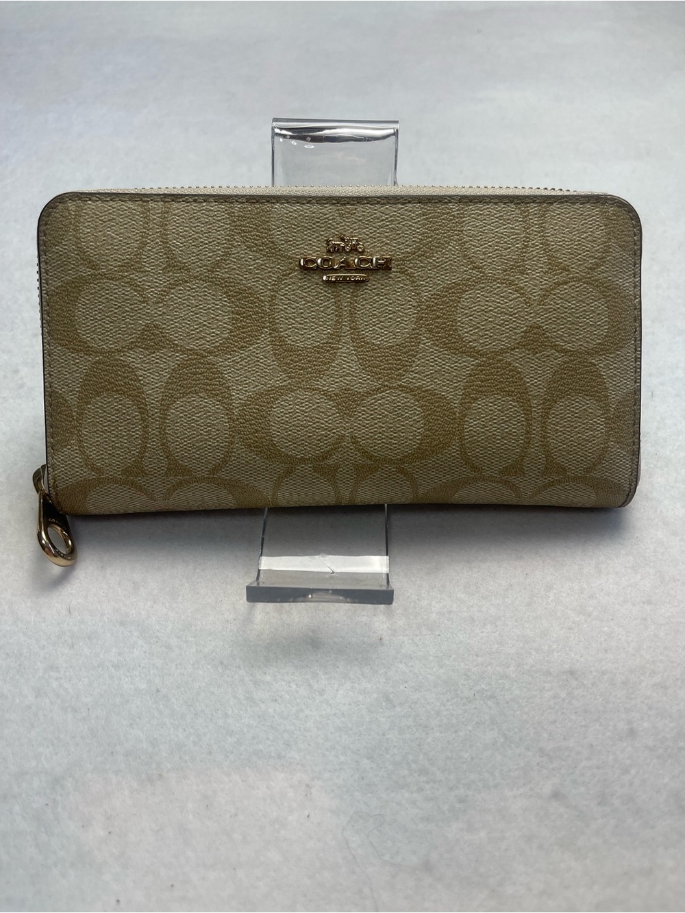 Coach Signature Zip-Around Wallet in Beige and Light Brown with Gold Hardware